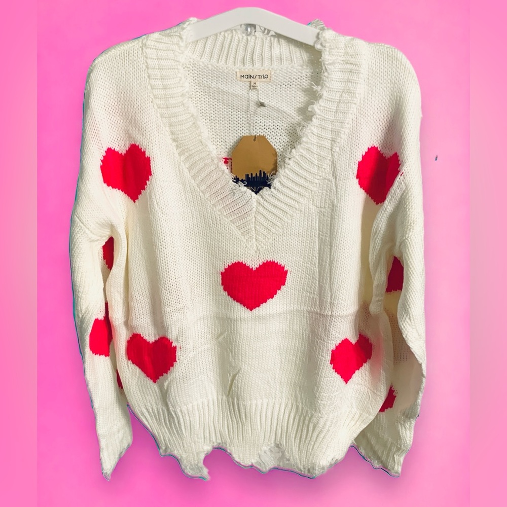 🩷NEW🩷 Hot Pink Hearts Abound Distressed Sweater Size Medium